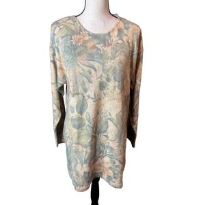 Gabriella T Italy Floral Knit Tunic Top Large Cotton Linen Muted Tapestry Print